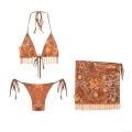 Sexy 3-Piece Bikini Set Halter Swimsuit with Sequin Flower Fringe Sarong Skirt Bohemian Women's Beachwear Embroidery Tassel Swimwear Cover Up