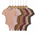 Women's Ribbed Short Sleeve Bodysuit Stretch Modal Blend Round Neck Slim Fit One-Piece T-Shirt Sexy Summer Base Layer Solid Color Top