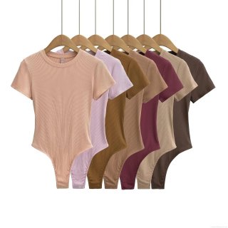 Women's Ribbed Short Sleeve Bodysuit Stretch Modal Blend Round Neck Slim Fit One-Piece T-Shirt Sexy Summer Base Layer Solid Color Top