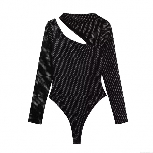 Women's Sexy Black Velvet Glitter Bodysuit Long Sleeve Cut Out Asymmetric Neck One Piece Bodycon Top Streetwear Party Clubwear