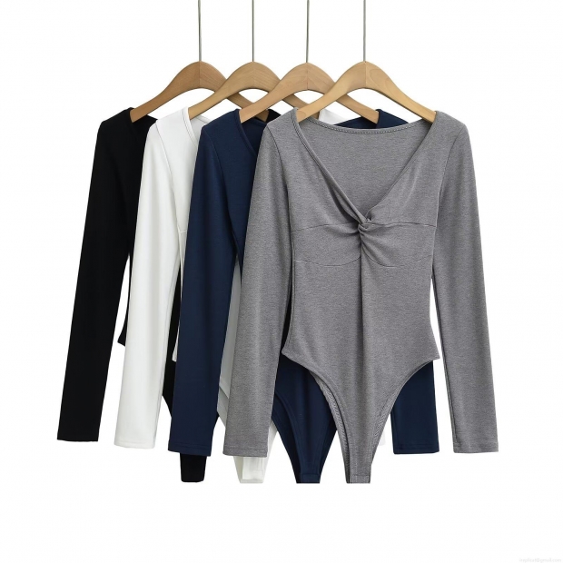 Women's Sexy Deep V Neck Long Sleeve Bodysuit With Twist Front Knotted Design Slim Fit Solid Color Polyester Ribbed Knit Jumpsuit Romper For Clubwear Party Casual Tops