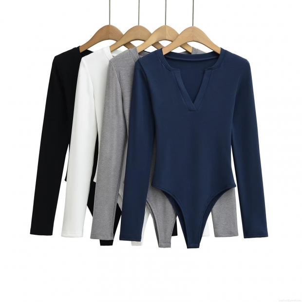 Women's Sexy Deep V Neck Long Sleeve Bodysuit Solid Color Ribbed Knit Slim Fit Jumpsuit Top Leotard For Casual Party Daily Clubwear