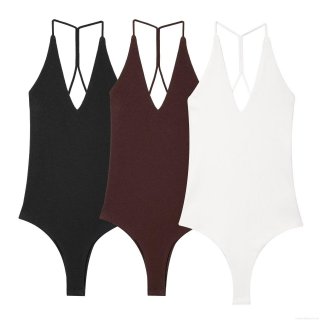 Women's Sexy Halter Neck Deep V Bodysuit Ribbed Knit Backless Sleeveless Cross Strap Slim Fit Leotard Summer Jumpsuit Top