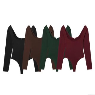 Women's Square Neck Long Sleeve Bodysuit High Stretch Spandex Synthetic Knit Fabric Slim Fit Solid Color Thong Bottom Bodysuits Sexy Basic Jumpsuit Tops For Daily Wear Party