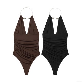 Women Sexy Halter V-Neck Bodysuit With Metal Ring Ruched Waist Slim Fit One Piece Jumpsuit For Party Club Summer Beach Sleeveless Top