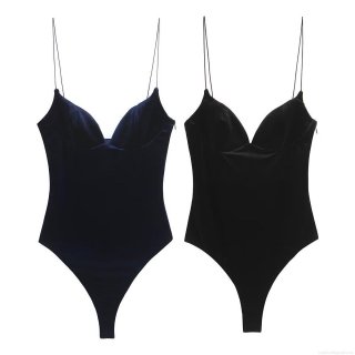 Women Sexy Velvet Bodysuit Spaghetti Strap Deep V-Neck Slim Fit One-Piece Body Suit Solid Color Clubwear Party Wear Base Layer Top