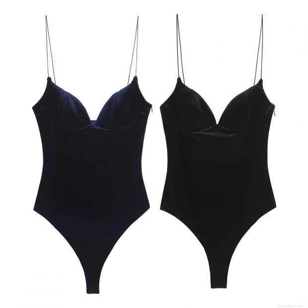 Women Sexy Velvet Bodysuit Spaghetti Strap Deep V-Neck Slim Fit One-Piece Body Suit Solid Color Clubwear Party Wear Base Layer Top