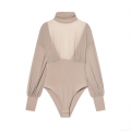Women's Sexy High Neck Mesh Patchwork Bodysuit Long Sleeve Pleated Sheer Jumpsuit Elegant Slim Fit Khaki Top For Party Club Dating