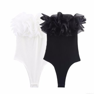 Sexy Women's Ribbed Bodysuit With Layered Organza Ruffle Trim Sleeveless Slim Fit Jumpsuit For Party Clubwear Sleek Style Solid Color White Black