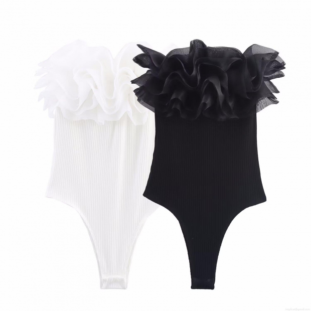 Sexy Women's Ribbed Bodysuit With Layered Organza Ruffle Trim Sleeveless Slim Fit Jumpsuit For Party Clubwear Sleek Style Solid Color White Black