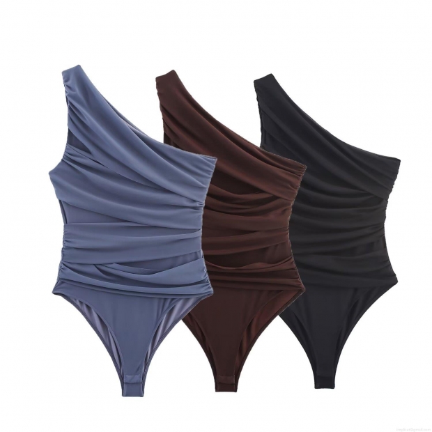 Women's Elegant One Shoulder Ruched Mesh Bodysuit Asymmetric Sleeveless Bodycon Shaping Top Slim Fit Polyester Jumpsuit for Party Clubwear