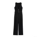 Women's Elegant Sleeveless V Neck Jumpsuit With Belt Fashion Office Commuter Solid Color Wide Leg Long Pants Romper Overalls For Ladies