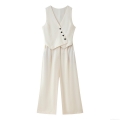 Women's Elegant Sleeveless V-Neck Jumpsuit Polyester Linen Texture Asymmetric Button Decor Wide Leg Long Pants Office Commute One Piece Playsuit