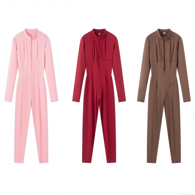 Women's Slim Fit Sporty Yoga Jumpsuit Long Sleeve Cotton Blend Catsuit With Zipper Mock Neck One Piece Bodycon Romper For Activewear Streetwear