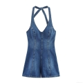 Women's Sexy Backless Denim Halter Jumpsuit Sleeveless Lace-up V-Neck Short Romper Casual Summer Streetwear Blue Denim Jumpsuit