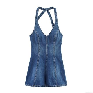 Women's Sexy Backless Denim Halter Jumpsuit Sleeveless Lace-up V-Neck Short Romper Casual Summer Streetwear Blue Denim Jumpsuit