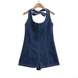 Women Sexy Backless Halter Denim Romper Summer Sleeveless Bow Tie Neck Low Waist Denim Jumpsuit Shorts Streetwear Fashion Outfits