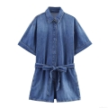 Women Western Style Denim Romper Short Sleeve Lapel Button Up Jumpsuit With Belt Royal Blue Summer Streetwear Casual Fashion Denim Playsuit