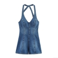 Sexy Backless Halterneck Denim Romper for Women Washed Blue Sleeveless Jumpsuit Summer Slim Fit Short Playsuit Streetwear Polyester Jumpsuit
