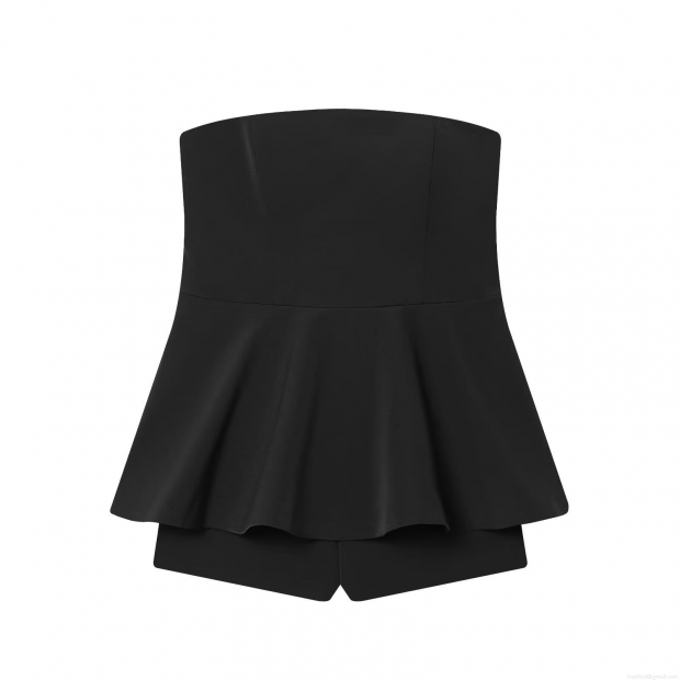 Women Sexy Strapless Peplum Romper Elegant Solid Black Sleeveless Short Jumpsuit For Party Evening Clubwear Polyester Slim Fit One-Piece Outfit