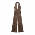 Women Sexy Leopard Print Mesh Halter Jumpsuit Deep V Neck Sleeveless Backless Wide Leg Long Pants Romper Summer Beach Resort Outfits