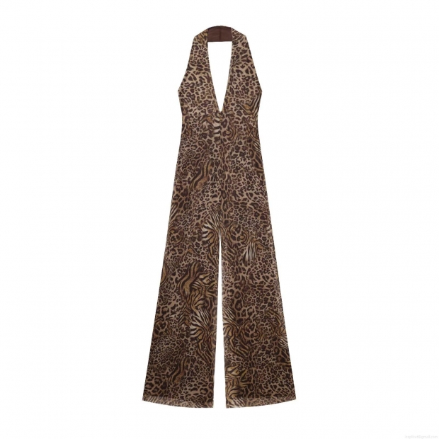 Women Sexy Leopard Print Mesh Halter Jumpsuit Deep V Neck Sleeveless Backless Wide Leg Long Pants Romper Summer Beach Resort Outfits