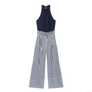 Women Halter Neck Jumpsuit Sleeveless Cotton Linen Blend Navy Blue Patchwork Blue White Striped Wide Leg Long Pant Casual One Piece Outfit With Waist Tie