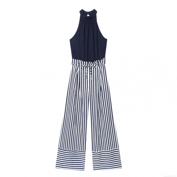 Women Halter Neck Jumpsuit Sleeveless Cotton Linen Blend Navy Blue Patchwork Blue White Striped Wide Leg Long Pant Casual One Piece Outfit With Waist Tie