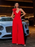 Women's Elegant 3D Flower Deep V Neck Cami Jumpsuit Sexy Wide Leg Polyester Spandex Long Romper For Party Banquet Clubwear