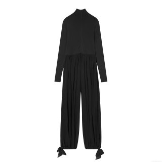 Women Elegant Mock Neck Long Sleeve Jumpsuit Pleated Wide Leg Long Pants With Bow Tie Ankle And Thumb Holes Solid Color Party Jumpsuit For Women