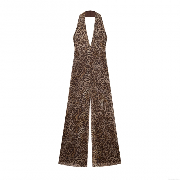 Sexy Women Leopard Print Halter Jumpsuit Sleeveless Mesh Polyester Cotton Blend V Neck Wide Leg Straight Long Romper Party Clubwear