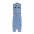 Women's Sleeveless Washed Denim Jumpsuit Balloon Silhouette Button Up Lapel One Piece Romper With Multi Pockets Casual Cotton Blend Jumpsuit For Summer Women Clothing