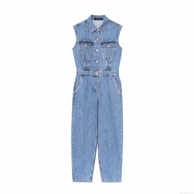 Women's Sleeveless Washed Denim Jumpsuit Balloon Silhouette Button Up Lapel One Piece Romper With Multi Pockets Casual Cotton Blend Jumpsuit For Summer Women Clothing