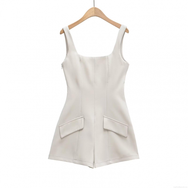 Women's Elegant White Sleeveless Romper Square Neck Slim Fit Woven Polyester One-Piece Shorts With Pockets Summer Fashion Party Ladies Casual Outfits