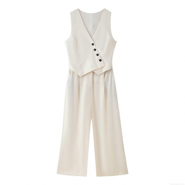 Women's Sleeveless V-Neck Wide Leg Jumpsuit Cotton Polyester Linen Blend Asymmetrical Button Front High Waist One-Piece Romper For Office Summer Wear