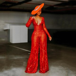 Women's Sexy Deep V-Neck Sequin Lace Jumpsuit Long Sleeve Wide Leg Party Evening Clubwear Romper Elegant High Waist One Piece Outfit