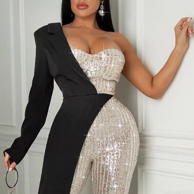 Elegant One Shoulder Sequin Jumpsuit Women Sexy Asymmetrical Suit Collar Splicing Wide Leg Romper Evening Party Formal Clubwear Jumpsuit
