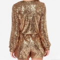 Women's Sexy Deep V-Neck Sequin Romper Long Sleeve Bodycon Jumpsuit Sparkling Sequin Party Clubwear Evening Short Jumpsuit For Women