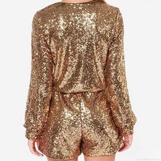 Women's Sexy Deep V-Neck Sequin Romper Long Sleeve Bodycon Jumpsuit Sparkling Sequin Party Clubwear Evening Short Jumpsuit For Women