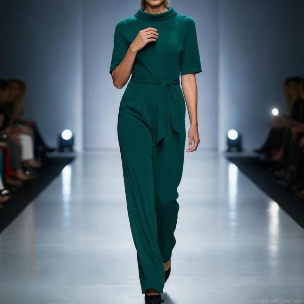 Women's Short Sleeve Lapel Jumpsuit Elegant Solid Color Waist Tie Wide Leg Jumpsuits Classic Commuter Style One Piece Romper Polyester Outfits