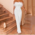 Women's Sexy Strapless Feather Trim Jumpsuit Elegant Solid Color High Waist Wide Leg Long Pant Bodysuit For Party Evening Summer Beach Clubwear