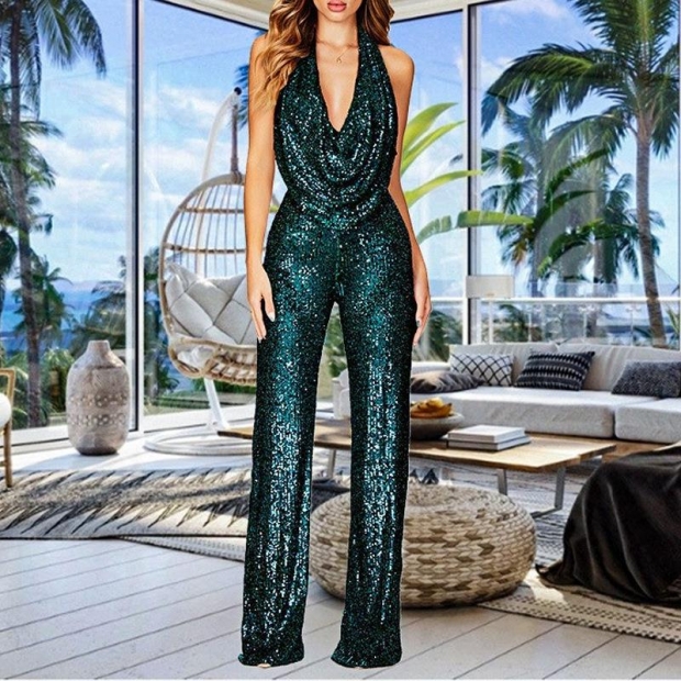 Women's Sexy Halter Deep V Neck Sequin Wide Leg Jumpsuit Backless Sleeveless Sparkling Evening Party Nightclub Clubwear Polyester Sparkling One Piece Outfit