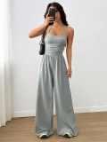 Women Sexy Backless Spaghetti Strap Jumpsuit Casual High Waist Wide Leg Long Pants Solid Color Loose Romper Streetwear One Piece Outfit