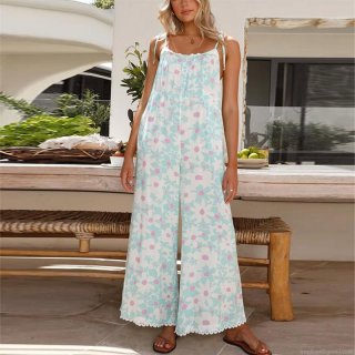 Women's Summer Floral Print Jumpsuit Polyester Backless Wide Leg Sleeveless Romper With Lace Trim For Beach Vacation