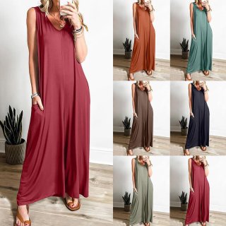 Women's Casual Summer V Neck Sleeveless Jumpsuit Polyester Spandex Wide Leg Jumpsuits With Pockets Fashion Loose Beach Vacation Romper For Ladies