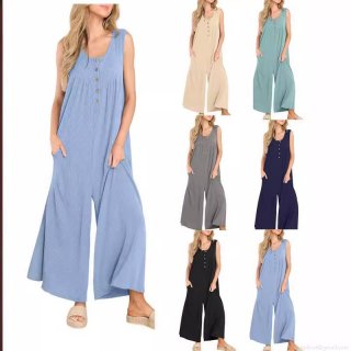 Women's Sleeveless Jumpsuit Ribbed Knit Wide Leg Romper With Pockets Button Front Crew Neck Casual One Piece Long Pant Jumpsuit For Women Summer Vacation