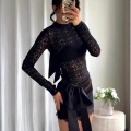 Elegant Women Sexy Lace Bodysuit Top Mock Neck Long Sleeve Back Satin Bow Tie Jumpsuit Floral Textured Party Clubwear Body Suit