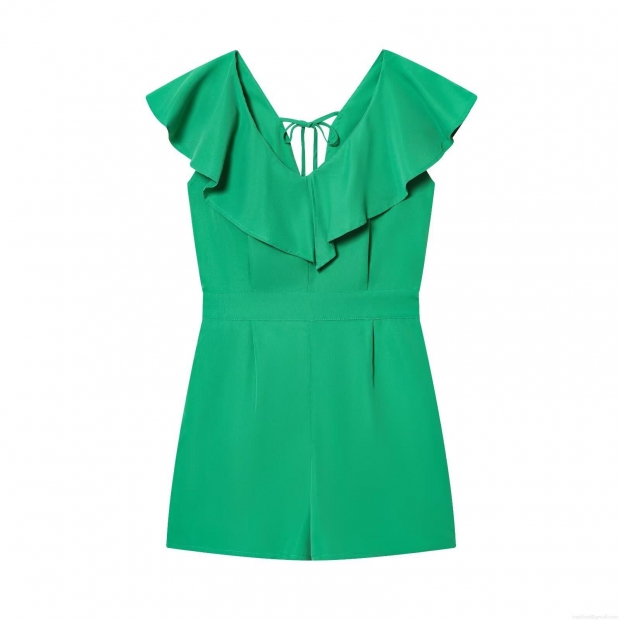 Women Summer Casual V-Neck Ruffle Romper With Back Tie Fashion Solid Color Short Sleeve Jumpsuit For Street Vacation Party Green