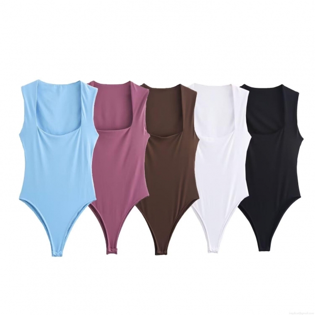 Women's Square Neck Sleeveless Knitted Bodysuit Sexy Slim Fit Elastic Polyester Snap Crotch Jumpsuit INS Style Clubwear Summer Daily Top