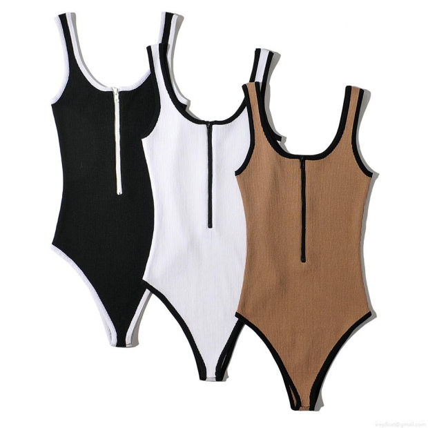 Women's Contrast Trim Knitted Bodysuit Ribbed Sleeveless Half Zipper Slim Fit High Waist Jumpsuit One Piece Street Style Summer Top